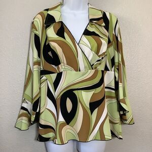 Vintage Y2K Green Abstract Swirl Psychedelic Disco Artsy Earthy Blouse L 2000s